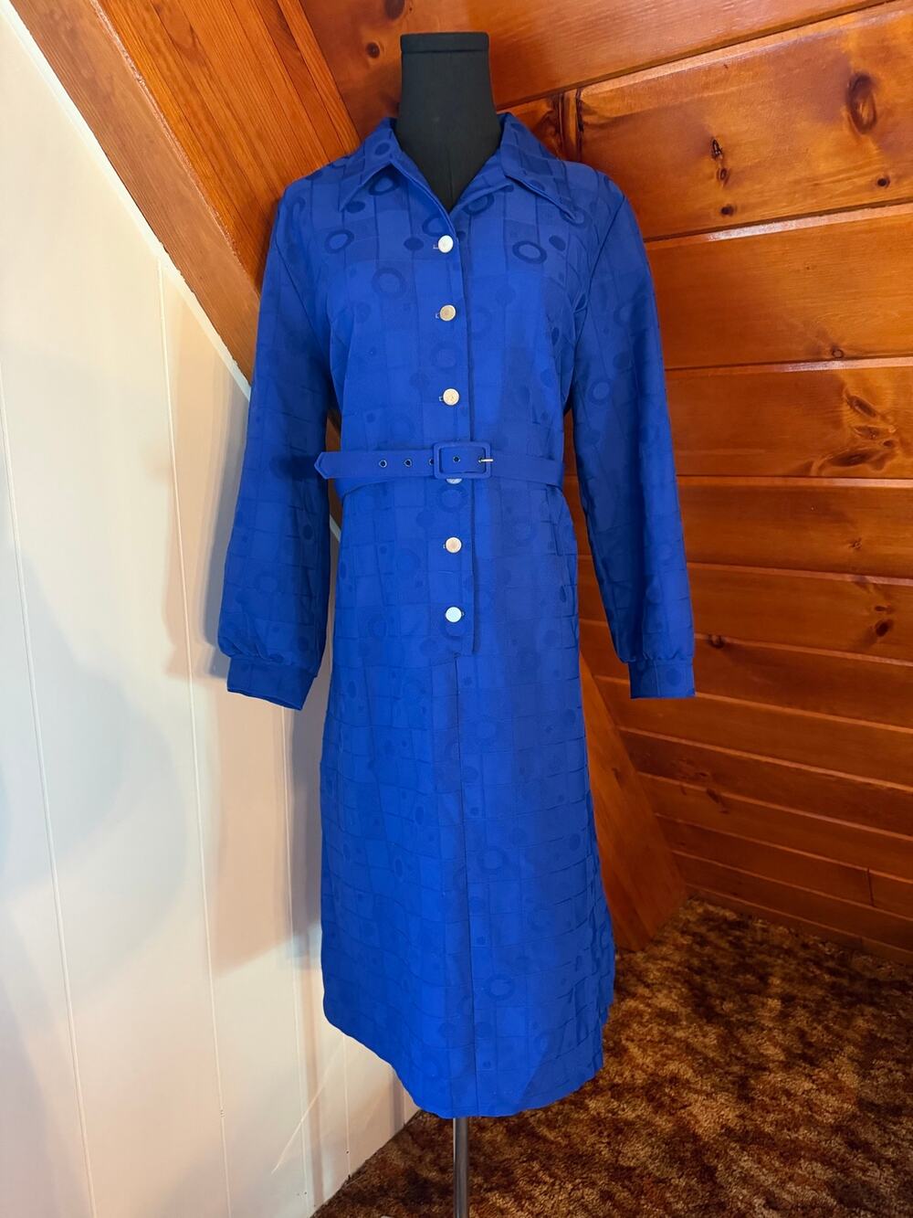 Vintage 50s Anne Garson Royal Blue Midi Shirtwaist Dress Geometric Jacquard